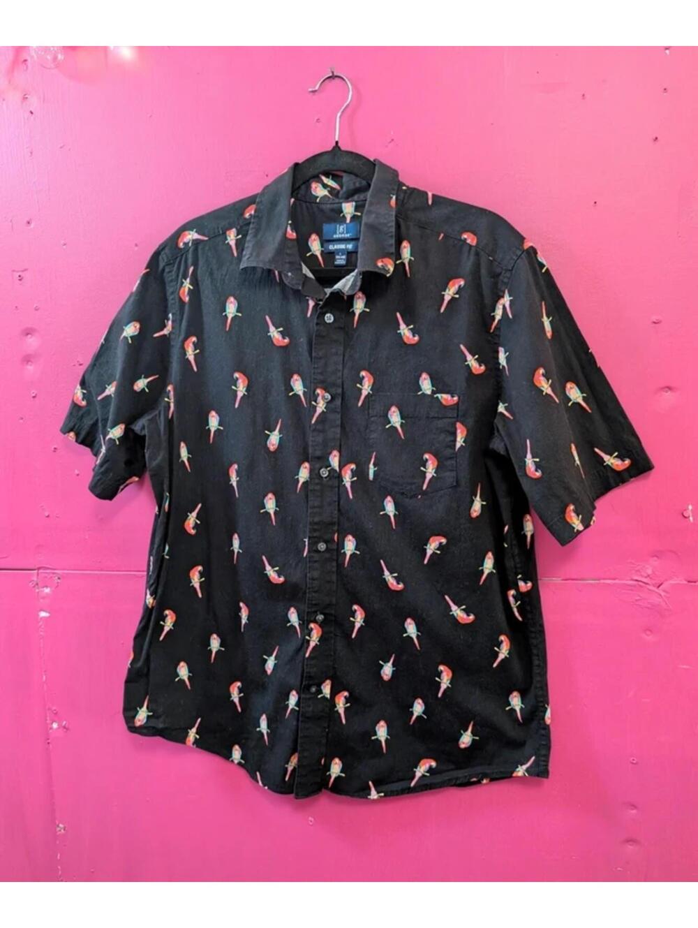 Men's Black Cotton Parrot Print Summer Shirt L